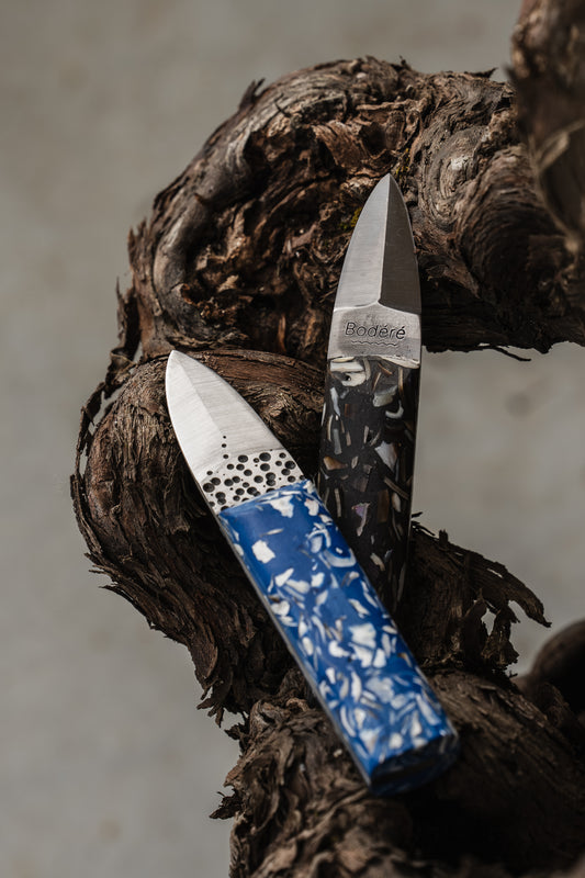 couteaux à huîtres artisanaux Bodéré posés sur un sarment de vigne, manche bleu fabriqué à partir de coquilles d'huîtres revalorisées et manche noir avec des coquilles de moules